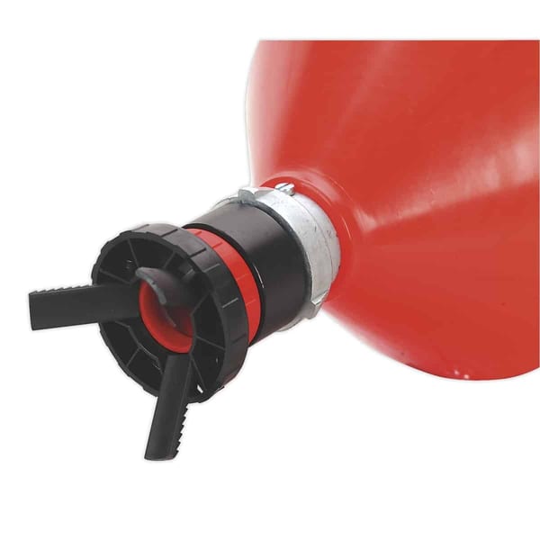 Red fuel dispensing nozzle with a black handle and adjustable spouts for precise pouring. Ideal for fuel transfer and storage.