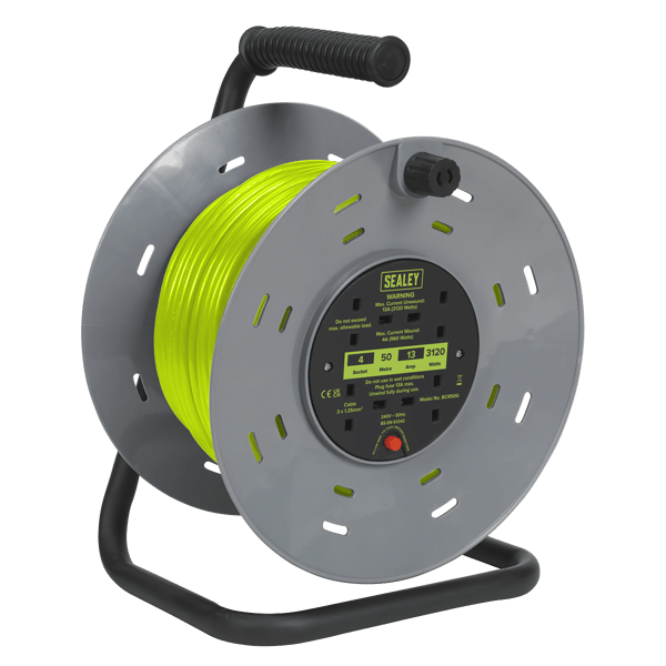 50m Cable Reel with Thermal Trip 4 x 230V - Hi-Vis Green