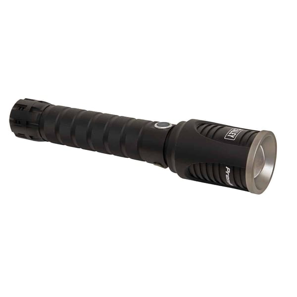 High-performance LED torch light with durable black body and bright beam, ideal for outdoor activities and emergency situations.