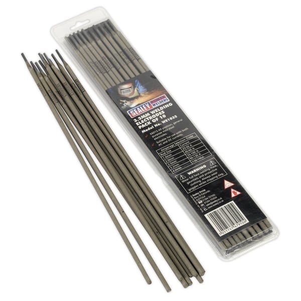 Stanley welding electrodes pack containing 10 rods, suitable for various welding applications, packaged in a clear plastic case.