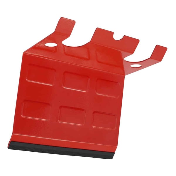 Red plastic scraper tool featuring a textured grip and multiple flat edges for effective scraping and smoothing tasks.
