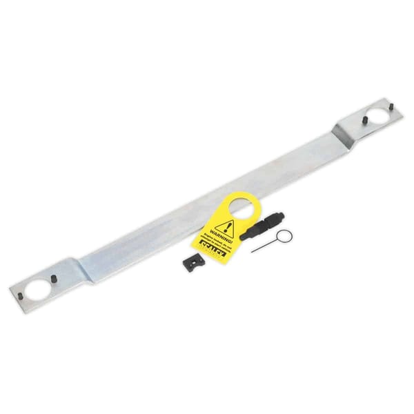 Heavy-duty metal bracket with two mounting holes and accessories including a pin and safety tag for secure installation.