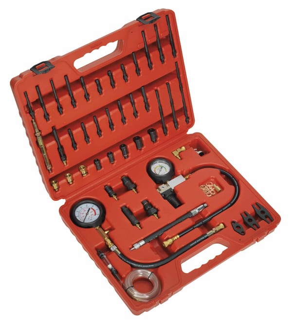 Diesel and petrol compression, leakage, and TDC kit in a red carrying case