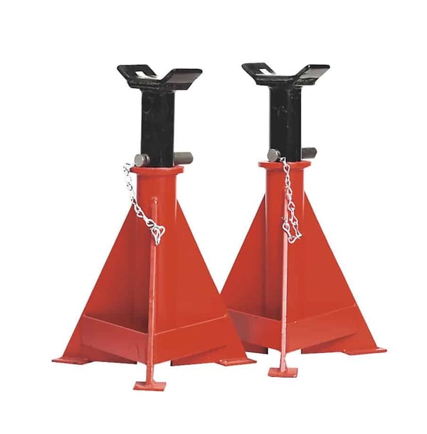 Pair of red axle stands with 15 tonne capacity for safe vehicle lifting and support.