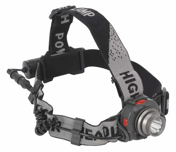3W CREE LED head torch with auto sensor, rechargeable and adjustable strap for hands-free lighting.
