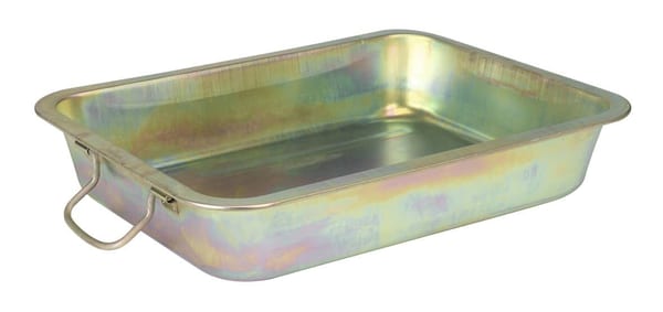 12L metal drain pan for lubricating and collecting fluids in garage and motoring applications.
