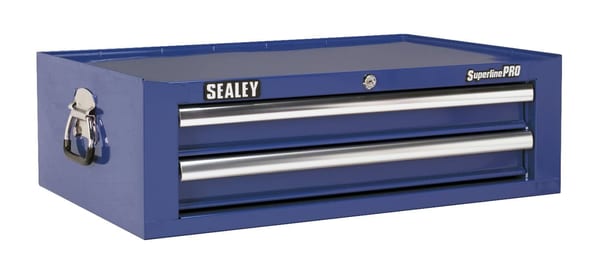 Blue 2-drawer add-on chest with ball bearing runners for tool storage.