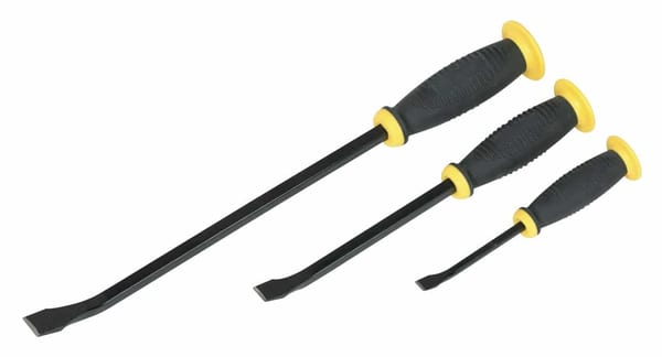 3-piece prybar set with hammer cap and ergonomic handles for easy use.
