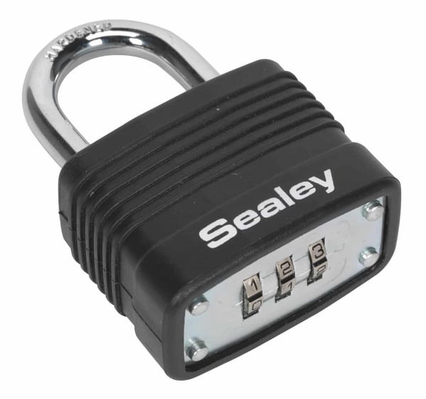 Steel body combination padlock, 40mm, secure locking for safes and tools.