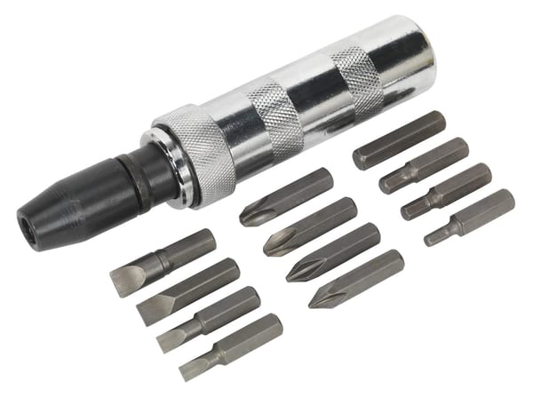 15-piece impact driver set including various screwdriver bits for efficient handling.