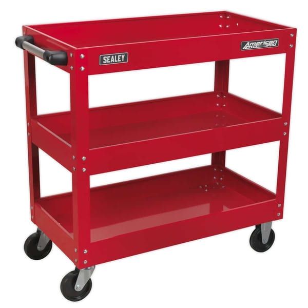 Heavy-duty 3-level workshop trolley on wheels, perfect for tools and storage.