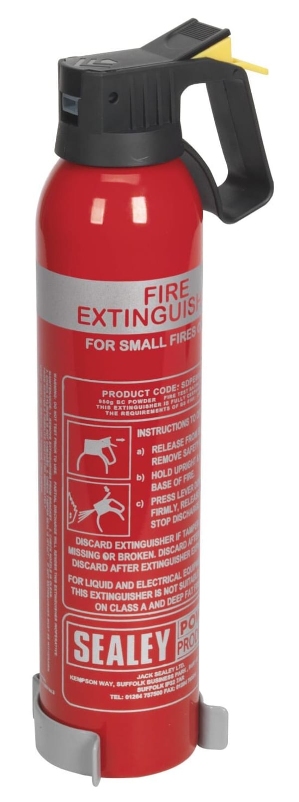 Sealey fire extinguisher designed for small fires, featuring a red metal body and black handle, with clear instructions for use.