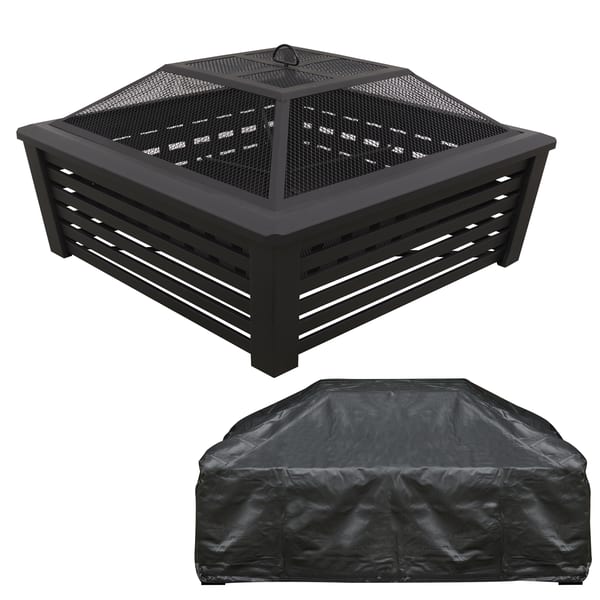 89cm Square Outdoor Fire Pit, Mesh Screen Lid, Black with Water-Resistant Drawstring Cover
