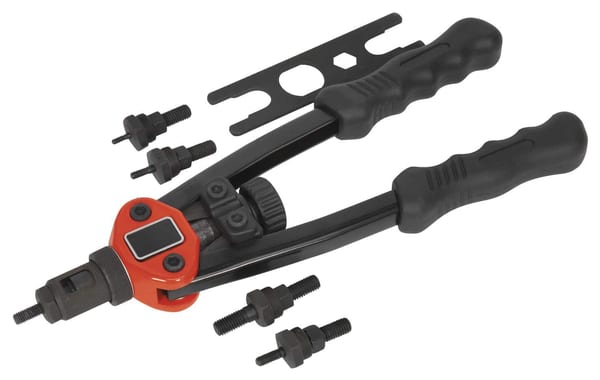 Short-arm threaded nut riveter with various nuts for automotive repair work.