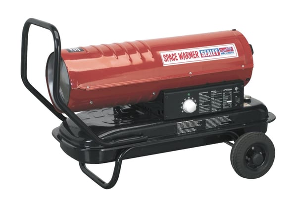 Space Warmer® 70,000 BTU heater for paraffin, kerosene, and diesel with wheels for easy mobility.