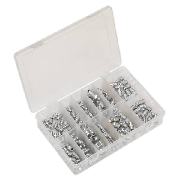 130pc metric BSP & UNF grease nipple assortment in a clear storage box