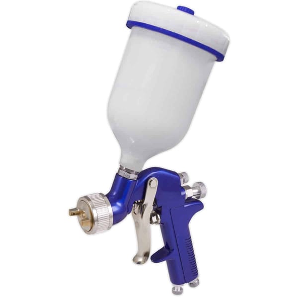 High-quality professional spray gun with a white cup and blue accents, designed for precision painting and finishing tasks.