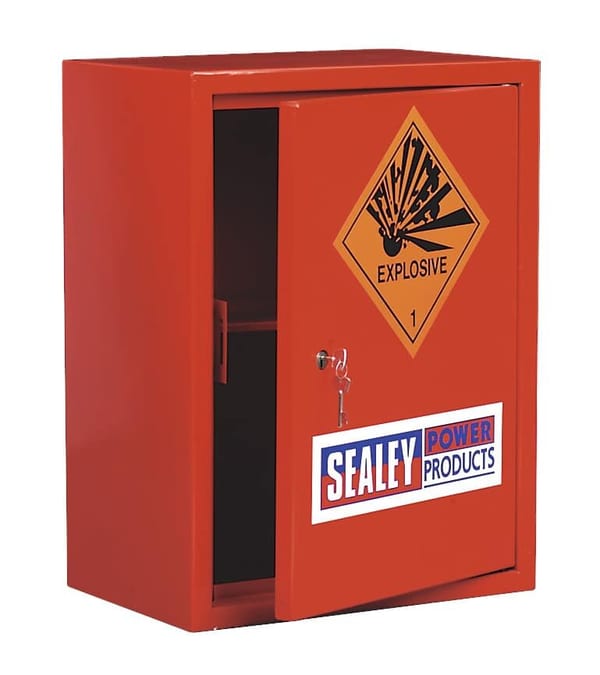 Red airbag cabinet with explosive warning, ideal for garage and bodyshop storage.