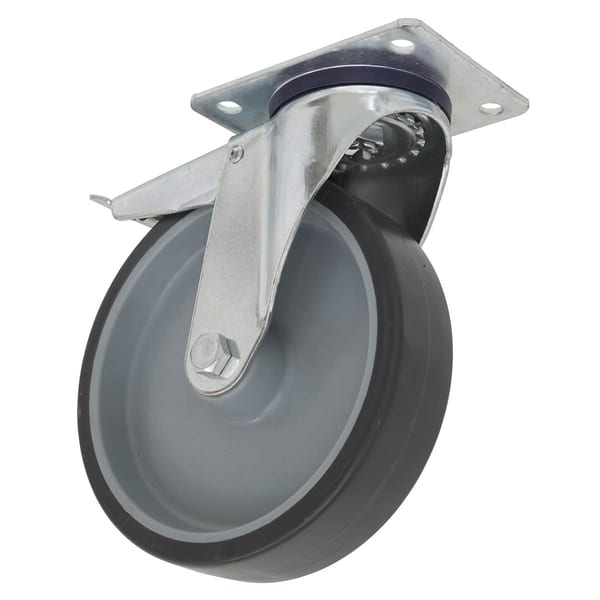 Heavy-duty grey rubber caster wheel with a metal bracket for easy installation, suitable for various furniture and equipment.