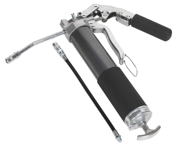 Heavy-duty 2-way operating grease gun with 3-way fill for efficient lubrication.