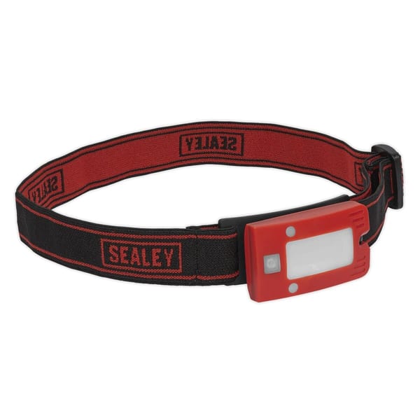 Sealey LED head torch featuring a red and black adjustable strap, designed for hands-free lighting in various tasks and activities.
