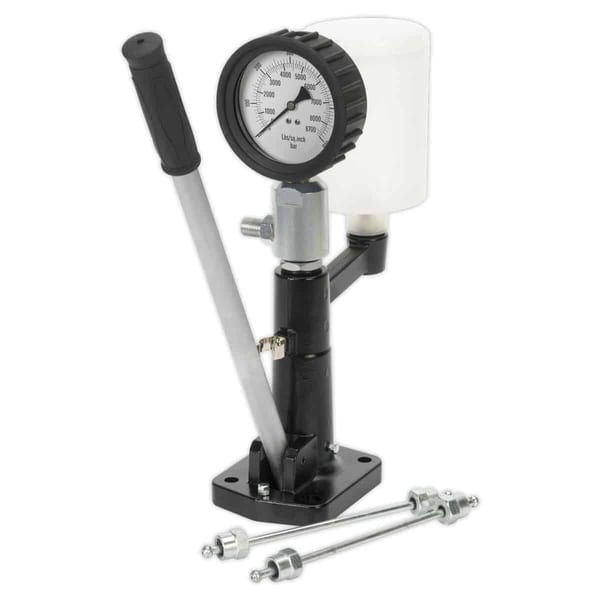 Diesel injector nozzle tester with gauge and connectors for vehicle service.