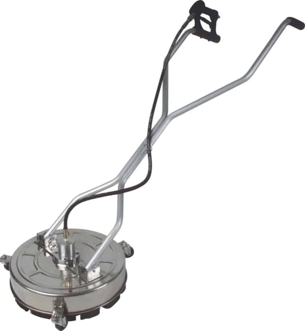 High-pressure surface cleaner with a metal base and long handle for efficient cleaning of outdoor surfaces.