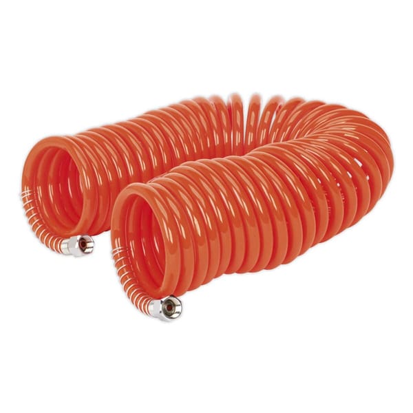 PU coiled air hose 10m x Ø6mm with 1/4" BSP unions for compressors and power tools.