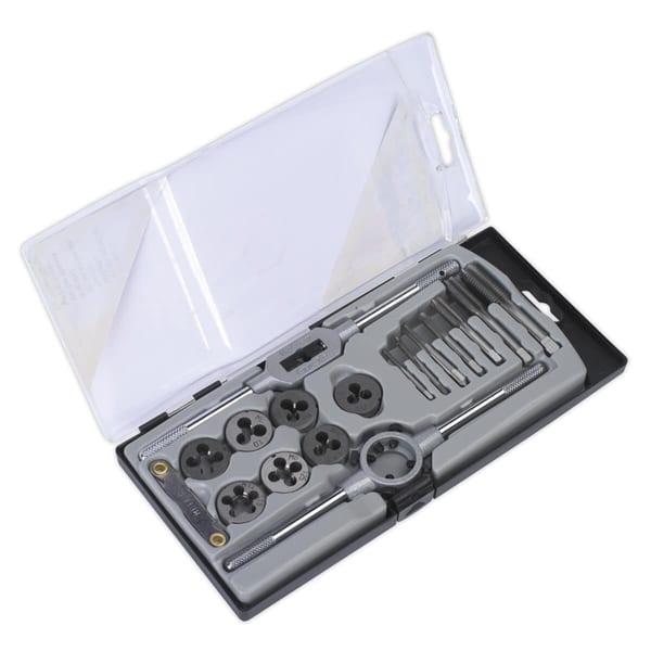 17-piece metric tap and die set for precision thread cutting and machining.