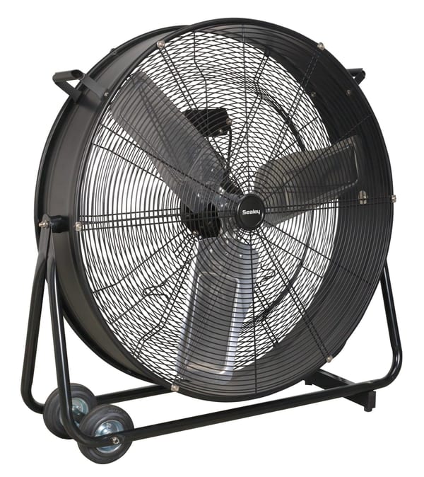 30 inch industrial high velocity drum fan, 230V, portable with wheels, for efficient cooling