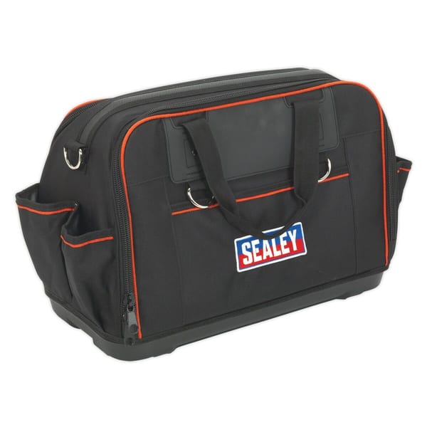 Sealey heavy-duty tool bag with multiple pockets and sturdy handles, designed for efficient tool storage and transport.