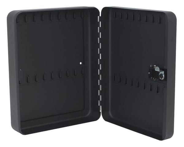 Black security key cabinet featuring multiple hooks for keys and a secure locking mechanism for organisation and safety.