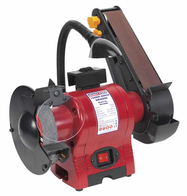 150mm bench grinder with 50mm belt sander and work light, 250W, for workshop use.