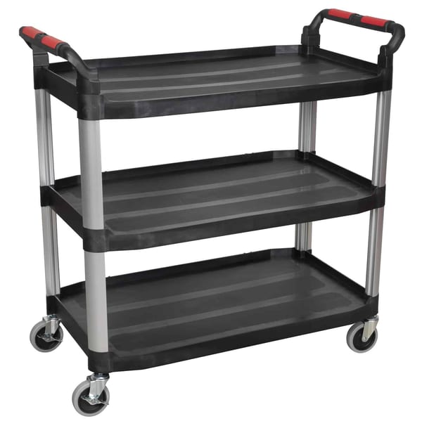 3-level composite workshop trolley with wheels and sturdy black shelves