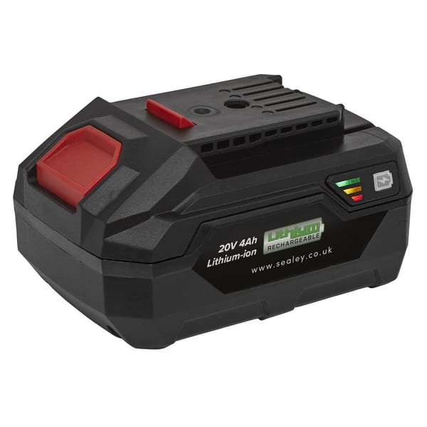 Sealey 20V 4Ah lithium-ion rechargeable battery with indicator lights, suitable for various power tools and equipment.