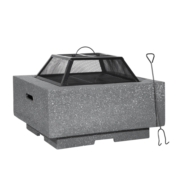 Square MgO Fire Pit with BBQ Grill, Safety Mesh Screen - Dark Grey