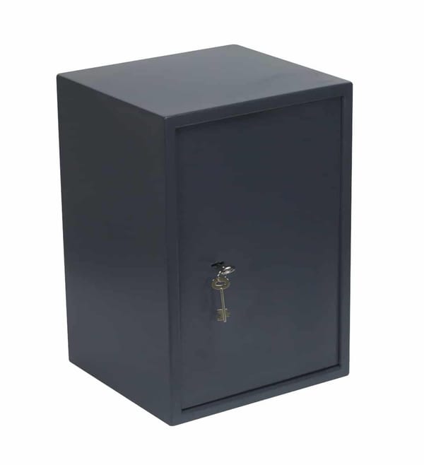Metal key storage cabinet with a lock and key, designed for secure key management in offices or homes, featuring a sleek black finish.