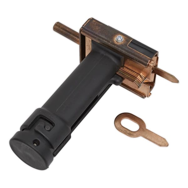A locking mechanism featuring a handle, metal components, and a key for secure locking applications.