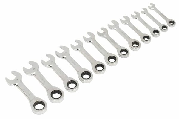 12-piece Stubby Ratchet Combination Spanner Set, metric size, silver finish, hand tools
