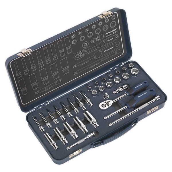 Comprehensive professional socket tool set featuring various sizes of sockets, ratchets, and accessories in a sturdy case.