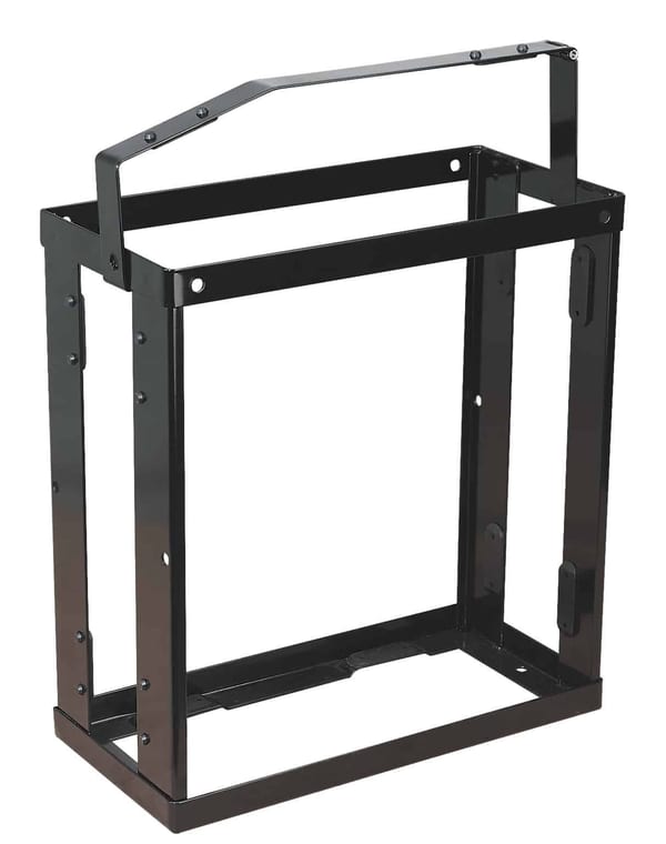 Vehicle bracket for JC20, JC20B, JC20G fuel cans, robust black metal design.