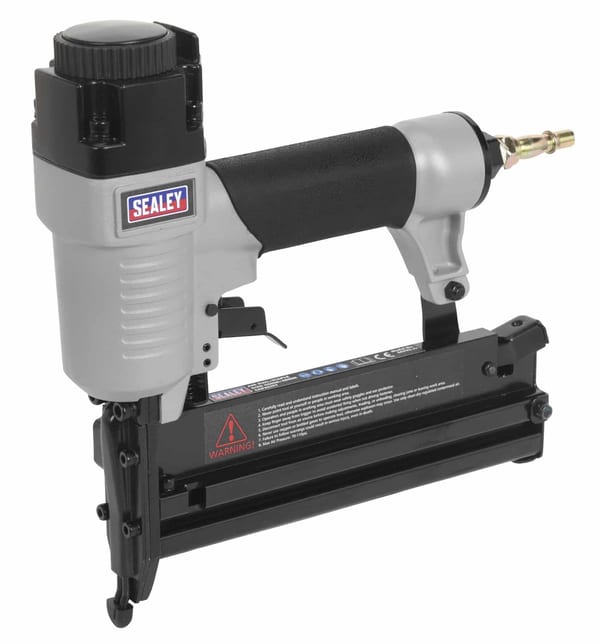 Sealey pneumatic stapler with a black and grey design, featuring a trigger and magazine for staples, ideal for various fastening tasks.