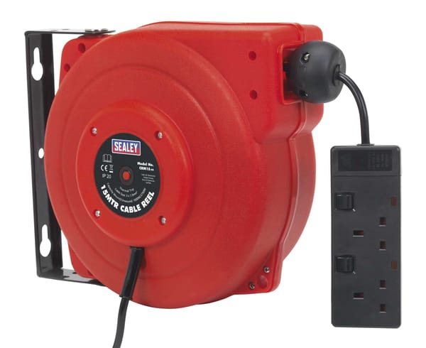 Retractable 15m cable reel with 2 x 230V sockets, mounted on a wall.