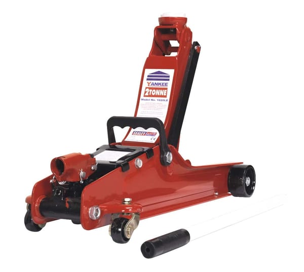 2-tonne low entry trolley jack for lifting vehicles in red color.