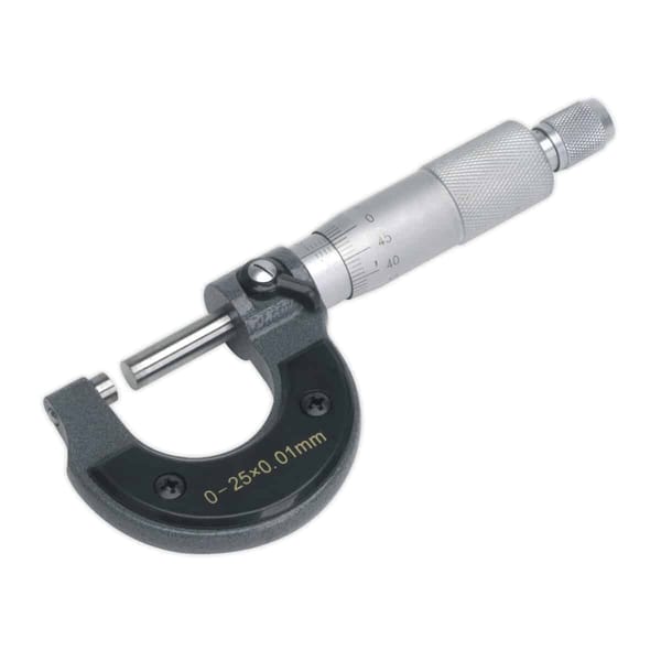 Precision micrometre measuring tool with a range of 0 to 25mm and a resolution of 0.01mm, ideal for accurate measurements.