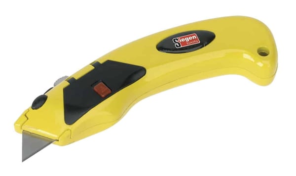 Retractable utility knife with auto-load feature, yellow and black design.