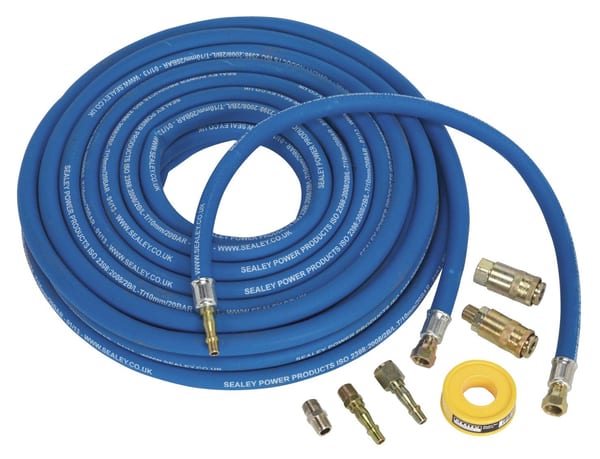 Sealey blue air hose with various connectors and fittings for pneumatic tools, ideal for workshop use and air compressor applications.