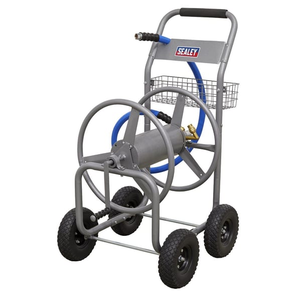 Sealey portable pressure washer trolley with hose and wheels for easy transport and storage, ideal for cleaning tasks.