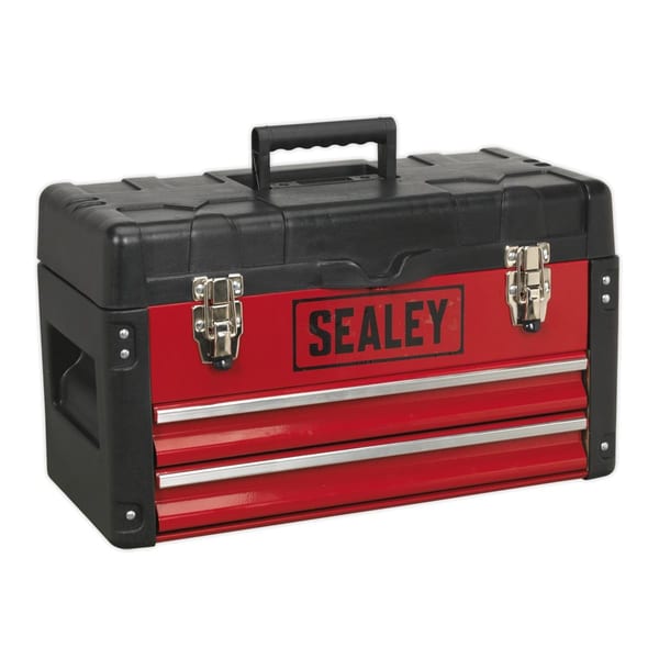 Sealey red tool box with a black handle and metal latches, designed for storing tools and equipment securely.