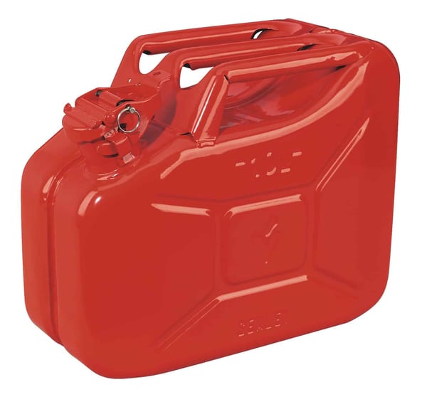 Red 10L Jerry Can for fuel storage in garage and motoring tasks